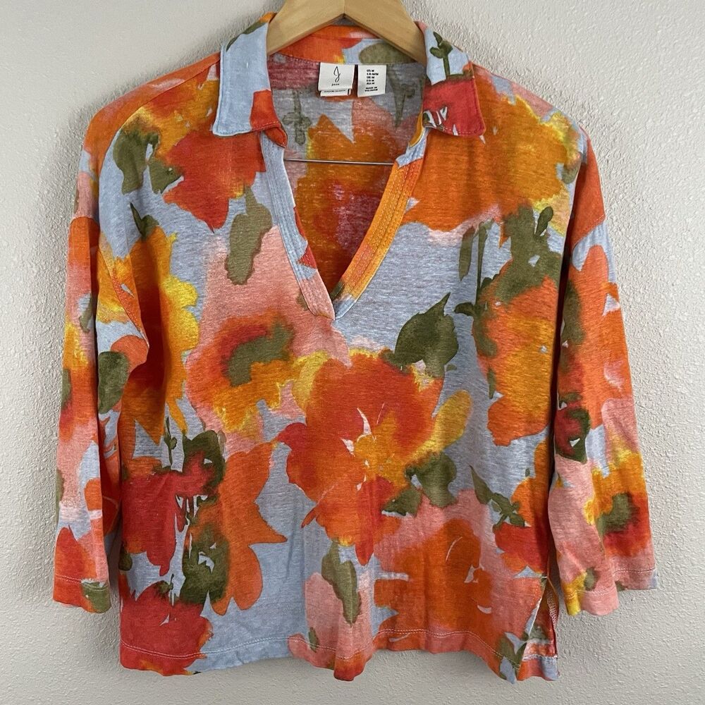Joie Womens M 100% Linen Bright Floral Print Collar Split Neck 3/4 Sleeve Blouse